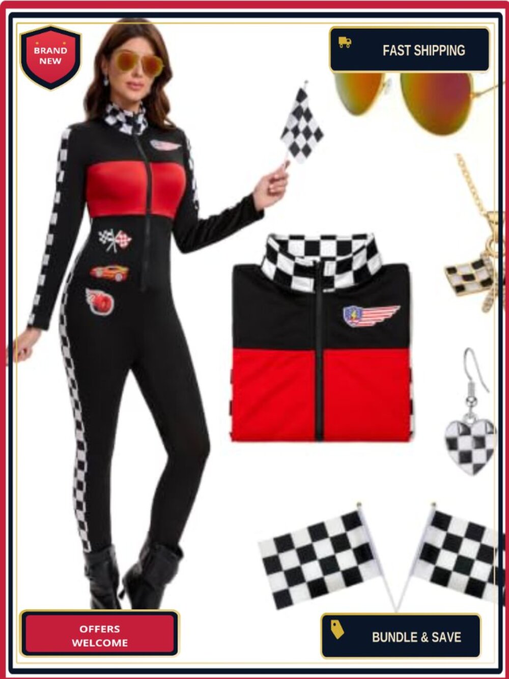 Women's Race Car Driver Costume 7-Piece Racing Jumpsuit Set